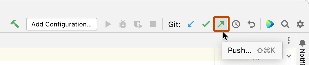 Captura de tela da barra de navegação, na parte superior do cliente JetBrains. O ícone de seta para cima é realçado com um contorno laranja escuro.