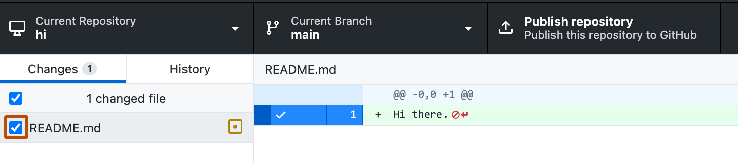 Screenshot der Registerkarte „Änderungen“ in der Randleiste. Links neben der Datei „README.md“ ist ein ausgewähltes Kontrollkästchen mit einer orangefarbenen Umrandung hervorgehoben.