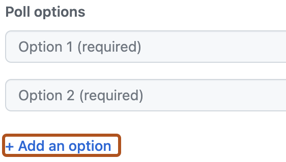 Capture d’écran de la page permettant de démarrer un nouveau sondage. L’icône plus et le lien « Ajouter une option » sont présentés en orange foncé.