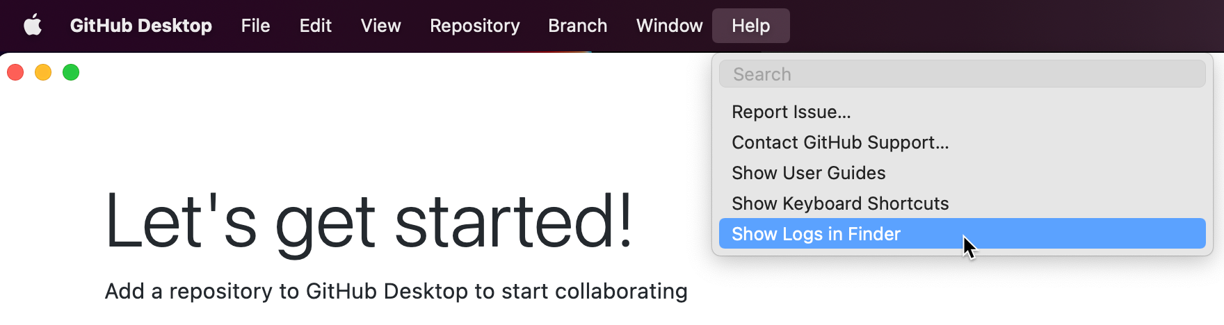 Mac의 "GitHub Desktop" 메뉴 모음 스크린샷 확장된 "도움말" 드롭다운 메뉴에서 커서가 파란색으로 강조 표시된 "Finder에 로그 표시"를 가리킵니다.