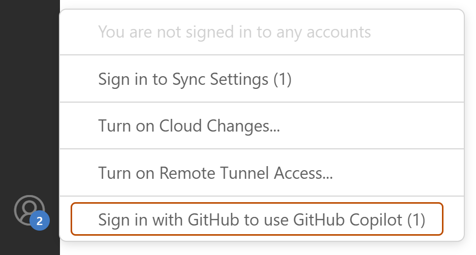 Visual Studio Code のアカウント メニューのスクリーンショット。 [GitHub でサインインして GitHub Copilot を使用 (1)] オプションが濃いオレンジ色の外枠で囲まれています。