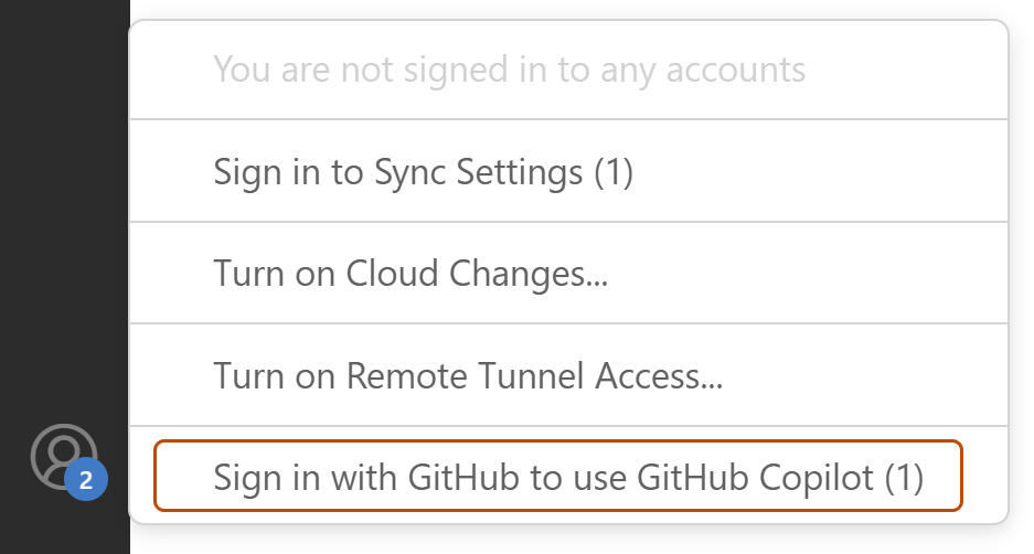 Captura de pantalla del menú de cuentas de Visual Studio Code. La opción "Iniciar sesión con GitHub para usar GitHub Copilot (1)" está resaltada en naranja oscuro.
