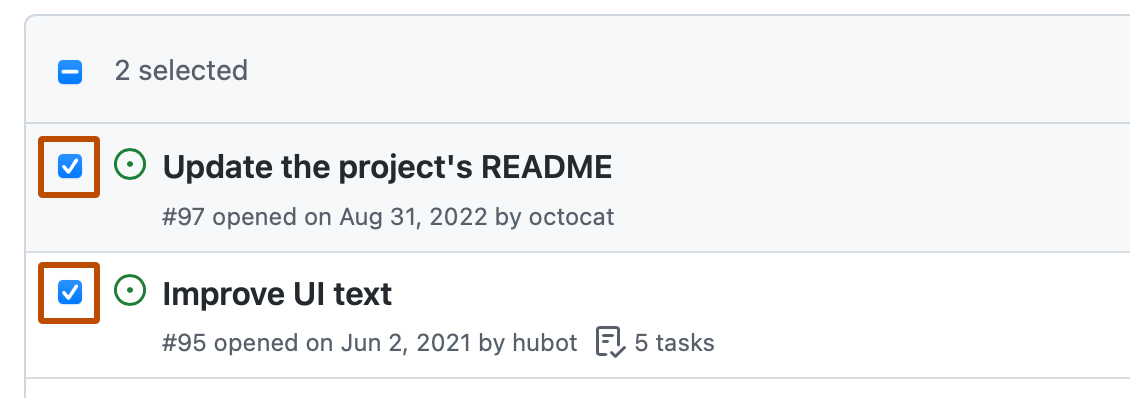 issue の一覧の最初の 2 項目のスクリーンショット。 各 issue の左側にあるチェックボックスがオンになっており、濃いオレンジ色の枠線で囲まれています。