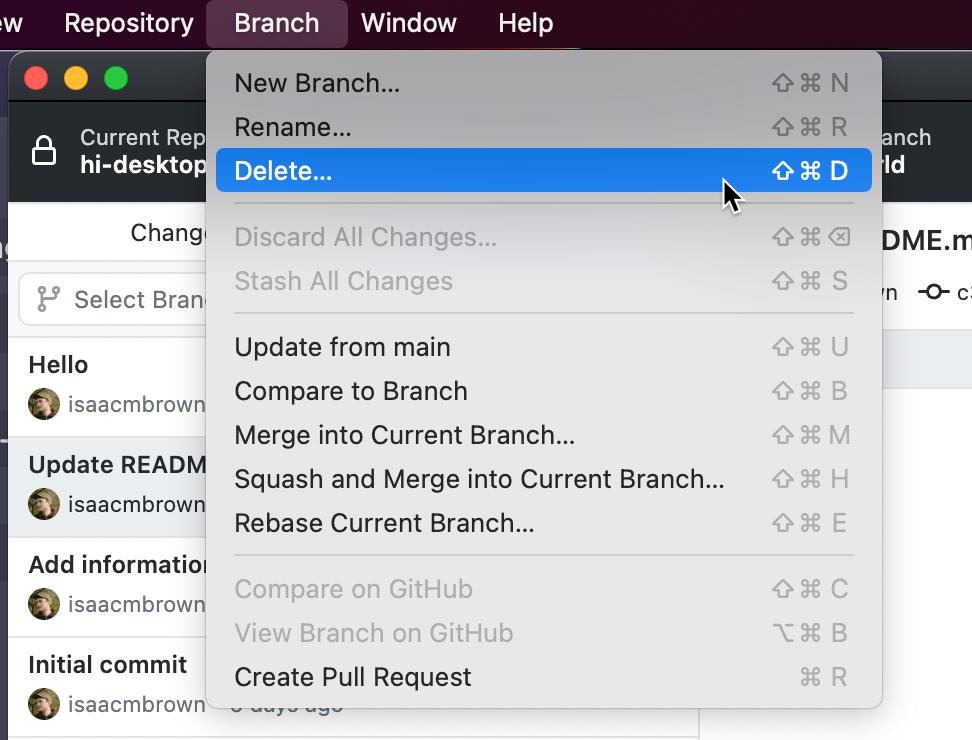 Screenshot der Menüleiste auf einem Mac. Der Cursor zeigt im erweiterten Dropdownmenü „Branch“ auf die blau hervorgehobene Option „Löschen“.