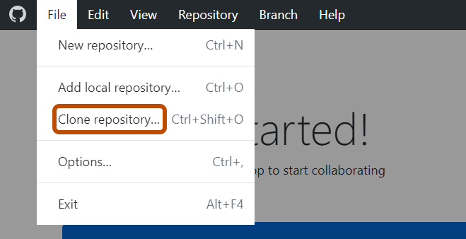 Windows의 "GitHub Desktop" 메뉴 모음 스크린샷 "파일" 드롭다운 메뉴가 확장되고 "리포지토리 복제" 옵션이 주황색 윤곽선으로 강조 표시됩니다.