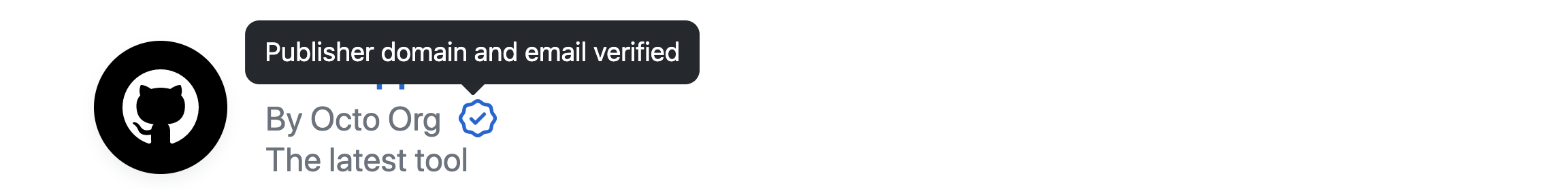 Screenshot: Marketplacebadge für eine GitHub App. Der Mauszeiger zeigt auf ein Symbol, das die QuickInfo „Herausgeberdomäne und E-Mail verifiziert“ anzeigt.
