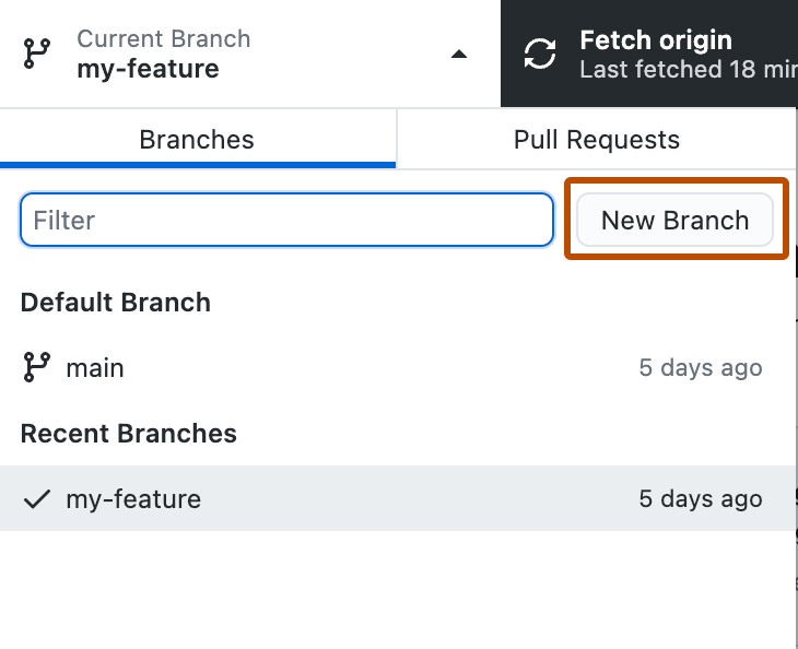 Captura de tela da exibição suspensa "Branch Atual". Ao lado do campo "Filtro", um botão, rotulado como "Novo Branch", é descrito em laranja.