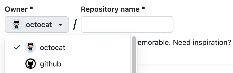 新しい GitHub リポジトリの所有者メニューのスクリーンショット。 メニューには、octocat と github の 2 つのオプションが表示されます。