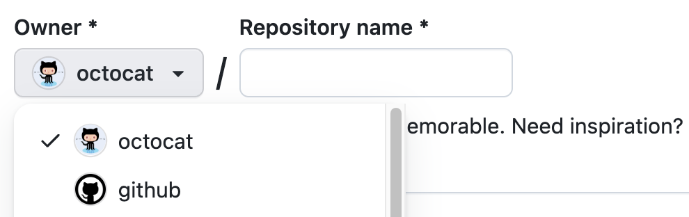 새 GitHub 리포지토리의 소유자 메뉴 스크린샷. 이 메뉴에는 octocat과 github라는 두 가지 옵션이 표시되어 있습니다.