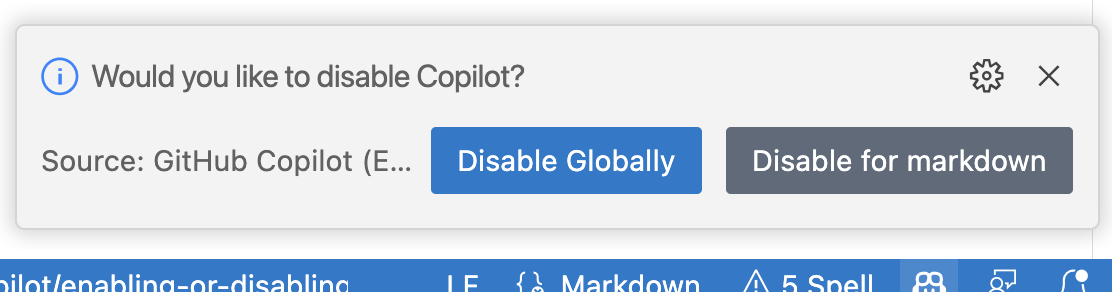 Captura de tela da opção para desabilitar o GitHub Copilot globalmente ou para a linguagem atual.