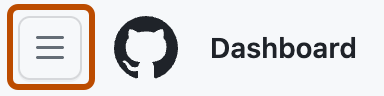 Captura de tela da barra de navegação do GitHub Enterprise Cloud. O ícone "Abrir menu de navegação global" é contornado em laranja escuro.