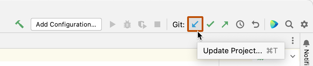 Captura de pantalla de la barra de navegación en la parte superior del cliente de JetBrains. El icono de flecha hacia abajo está resaltado con un contorno naranja oscuro.