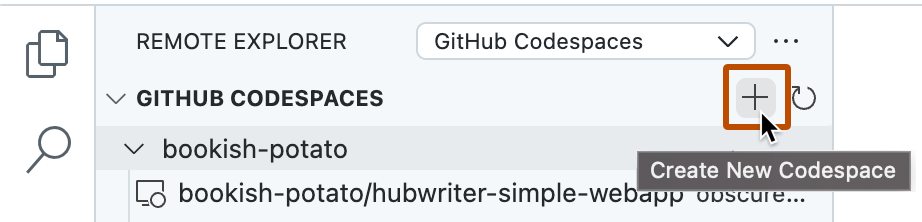 Снимок экрана: боковая панель "Удаленный Обозреватель" для GitHub Codespaces. Рядом с кнопкой "Плюс" отображается подсказка "Создать новый Codespace".
