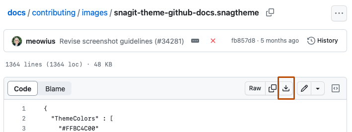 Capture d’écran de la vue de fichier pour « snagit-theme-github-docs.snagtheme ». Dans l’en-tête du fichier, un bouton comportant une icône de téléchargement présente un contour orange foncé.