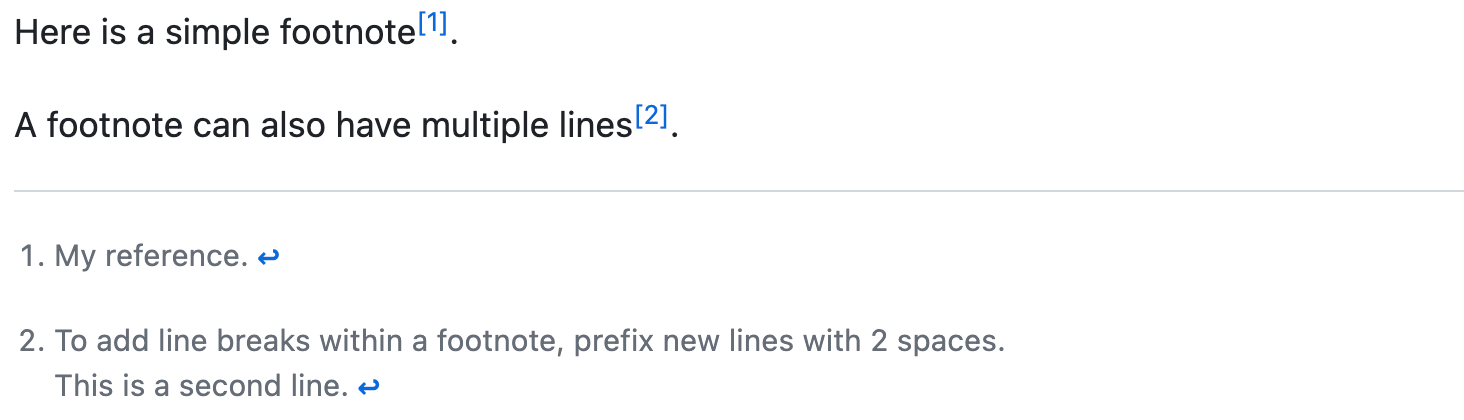 Screenshot des gerenderten Markdowns mit hochgestellten Zahlen, die zur Angabe von Fußnoten verwendet werden, sowie optionale Zeilenumbrüche in einer Fußnote.