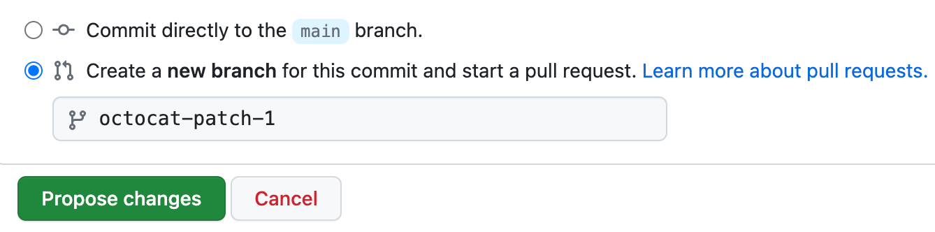 Captura de pantalla de una solicitud de cambios de GitHub en la que se muestra un botón de radio para confirmar directamente en la rama principal o para crear una nueva rama. Aparece seleccionada la opción de rama nueva.