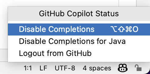 GitHub Copilot をグローバルに、または JetBrains IDE の現在の言語に対して無効にするオプメニューのスクリーンショット。