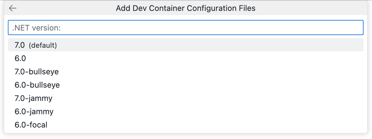 Screenshot of the "Add Dev Container Configuration Files" dropdown, showing a variety of .NET versions, including "7.0 (default)."
