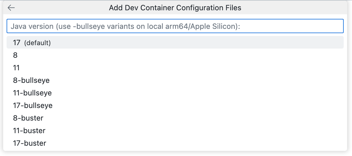 Screenshot of the "Add Dev Container Configuration Files" dropdown listing a variety of Java versions.