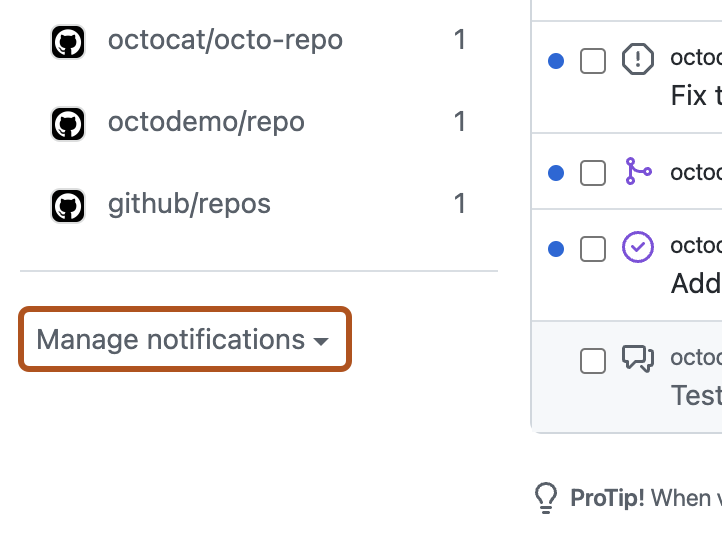 Captura de tela da página "Notificações". Um menu suspenso, intitulado "Gerenciar notificações", é realçado com um contorno laranja.