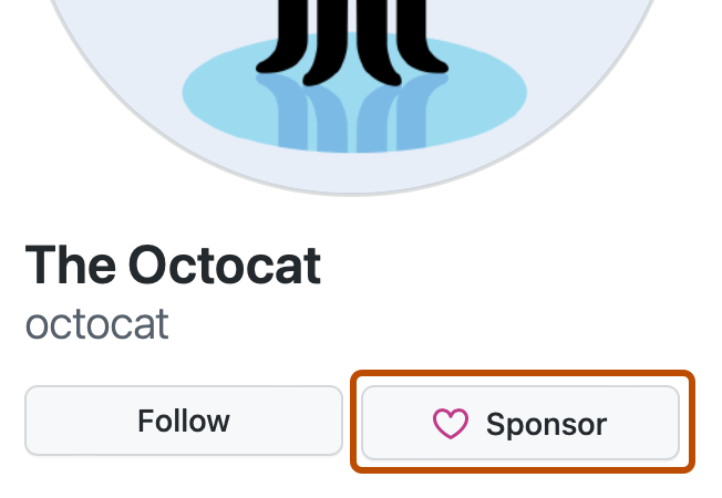 @octocat 프로필 페이지의 사이드바 스크린샷 하트 아이콘과 "스폰서"라는 레이블이 지정된 단추가 진한 주황색 윤곽선으로 표시되어 있습니다.