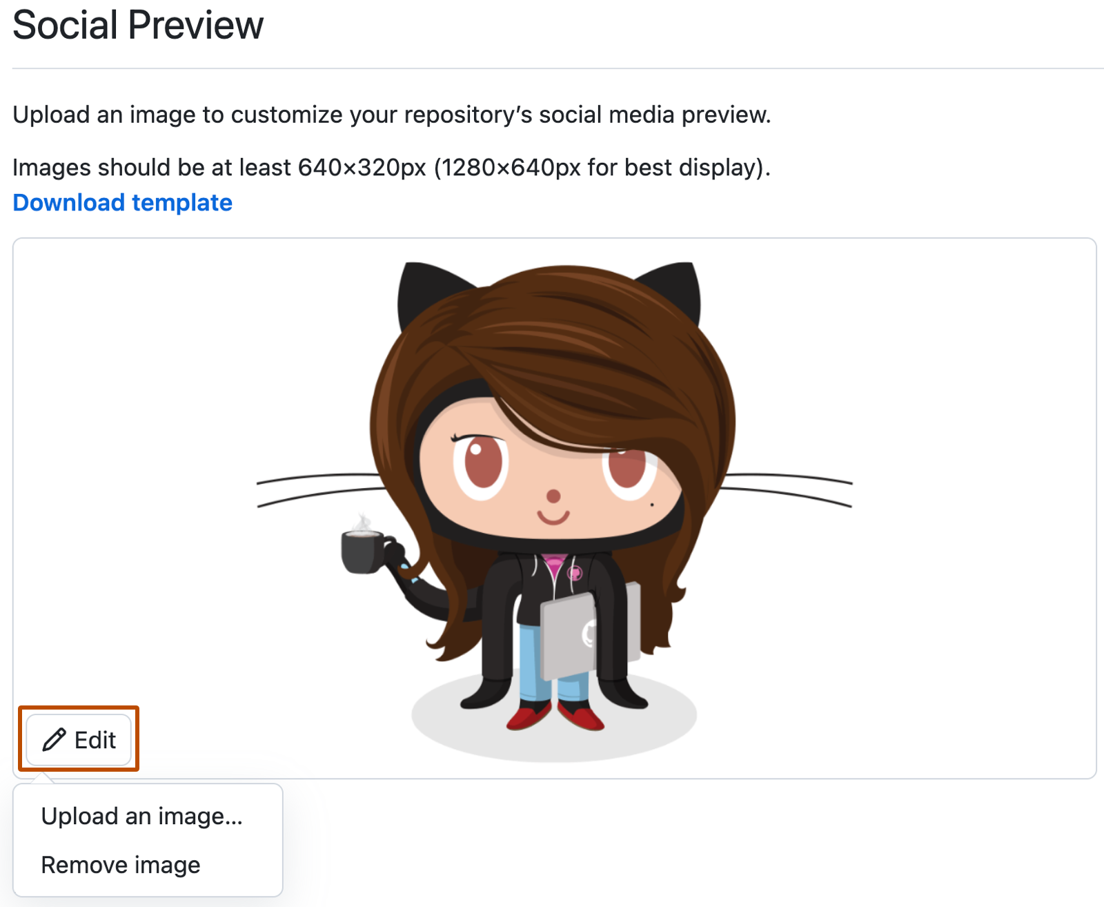 Screenshot of the "Social Preview" section. The "Edit" button is highlighted with an orange outline, and a dropdown displays the options for uploading or removing an image.