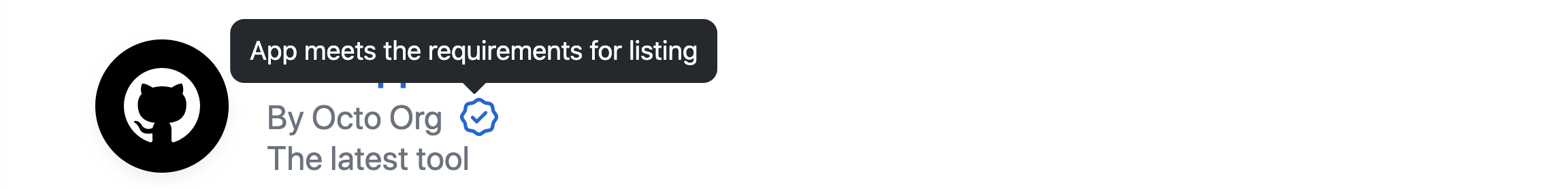 GitHub App のマーケットプレース バッジのスクリーンショット。 マウス ポインターがアイコンの上に置かれ、"アプリがリストの要件を満たしている" のヒントが表示されています。