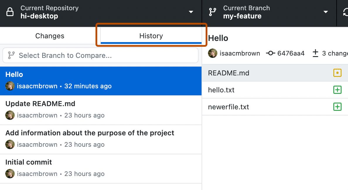 Screenshot of the "History" tab in the sidebar. Above a list of commits, the tab button, labeled "History", is highlighted with an orange outline.