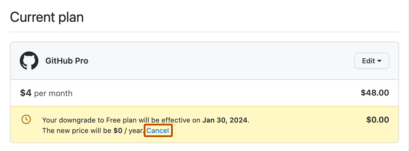 Screenshot des Abschnitts „Aktueller Plan“. Der nach dem Text „Der neue Preis beträgt 0 $/Jahr“ angezeigte Link „Abbrechen“ ist orange umrandet.