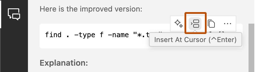 Copilot Chat 패널의 '커서 위치에 삽입' 아이콘 스크린샷.