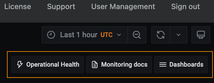 Screenshot of the Management Console header. The dashboard navigation links provided at the top right are highlighted in orange.