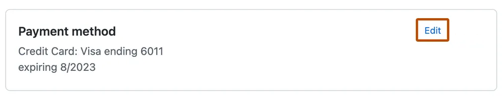 "결제 방법" 섹션의 스크린샷 "결제 방법" 옆의 "편집" 링크가 진한 주황색으로 표시됩니다.