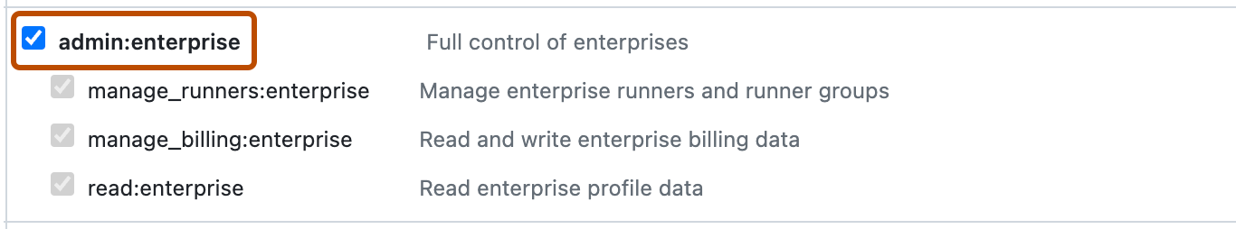 チェックボックス付きのスコープのリストのスクリーンショット。 "admin:enterprise" スコープは、"Enterprise のフル コントロール" というテキストと共に選ばれ、オレンジ色のアウトラインで強調表示されています。