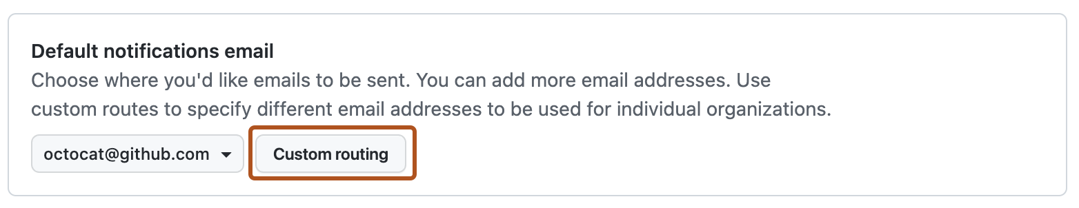Captura de tela da seção "Email de notificações padrão". Um botão, intitulado "Roteamento personalizado", está realçado com um contorno laranja.