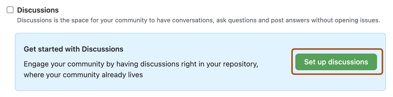 リポジトリの GitHub Discussions を有効または無効にするための [機能] の下の [Discussions の設定] ボタン