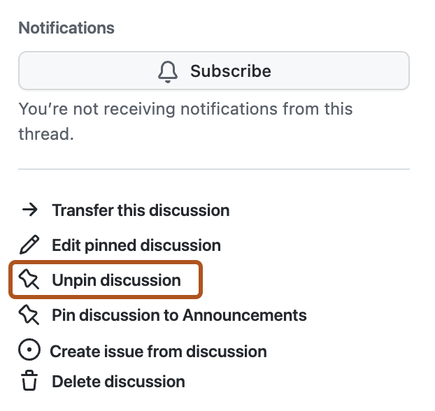 ディスカッションの右サイドバーのスクリーンショット。 [ディスカッションのピン留めを外す] オプションがオレンジ色の枠線で強調表示されています。