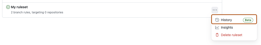 Captura de tela da página de conjuntos de regras do repositório. Abaixo de um botão rotulado com três pontos, uma opção rotulada "Histórico" está contornada em laranja.