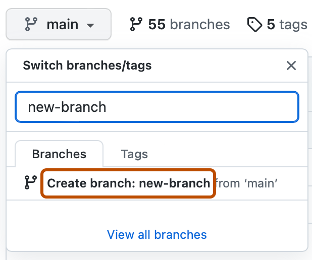 Capture d’écran du menu déroulant du sélecteur de branche. « Créer une branche : nouvelle-branche » est mis en évidence avec un encadré orange.