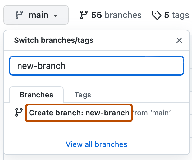 ブランチ セレクターのドロップダウン メニューのスクリーンショット。 [ブランチの作成: new-branch] がオレンジ色の枠線で強調表示されています。