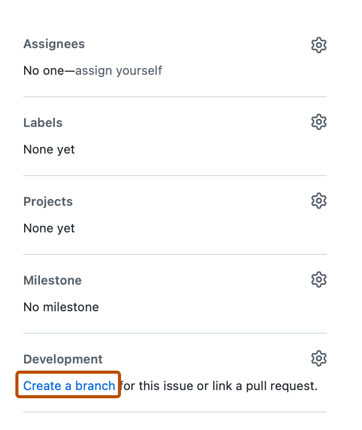 issue サイドバーのスクリーンショット。 [開発] セクションでは、"ブランチの作成" というラベルの付いたリンクが濃いオレンジ色の枠線で囲まれています。
