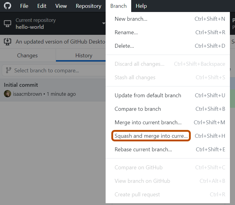 Capture d’écran de la barre de menus « GitHub Desktop » sur Windows. Dans le menu déroulant « Branche » développé, une option intitulée « Effectuer un squash et une fusion » est encadrée en orange.