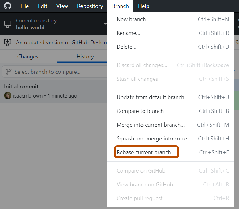 Screenshot der Menüleiste „GitHub Desktop“ unter Windows. Im erweiterten Dropdownmenü „Branch“ ist eine Option mit der Bezeichnung „Rebase Current Branch“ (Basis des aktuellen Branches neu setzen) orange umrandet.