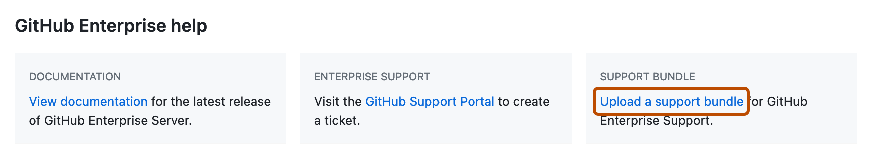 Screenshot: Abschnitt „GitHub Enterprise-Hilfe“ auf der Seite mit den Unternehmenseinstellungen. Der Link zum Hochladen eines Supportbundles ist dunkelorange umrandet.