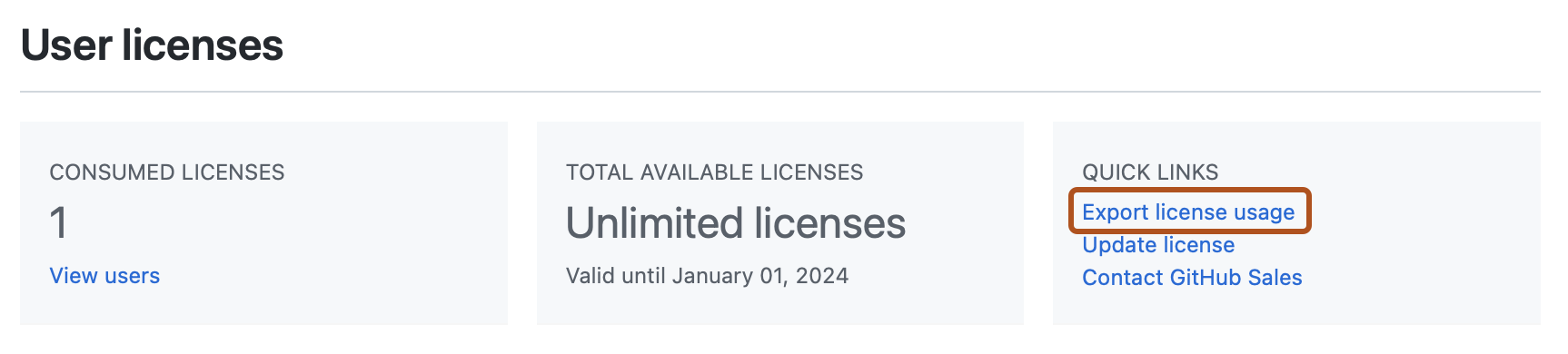 Captura de pantalla de la sección "Licencias de usuario" de la página "Licencia". Un vínculo, con la etiqueta "Exportar uso de licencia", está resaltado en naranja oscuro.