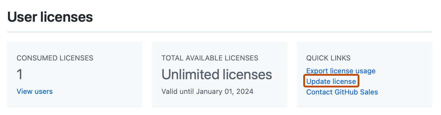 [ライセンス] ページの [ユーザー ライセンス] セクションのスクリーンショット。 [ライセンスの更新] というラベルの付いたリンクは、濃いオレンジ色の枠で囲まれます。