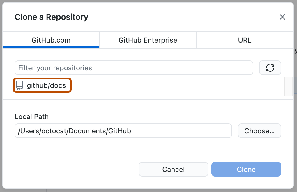 Screenshot des Fensters „Repository klonen“. Das Repository „github/docs“ ist orange umrandet.