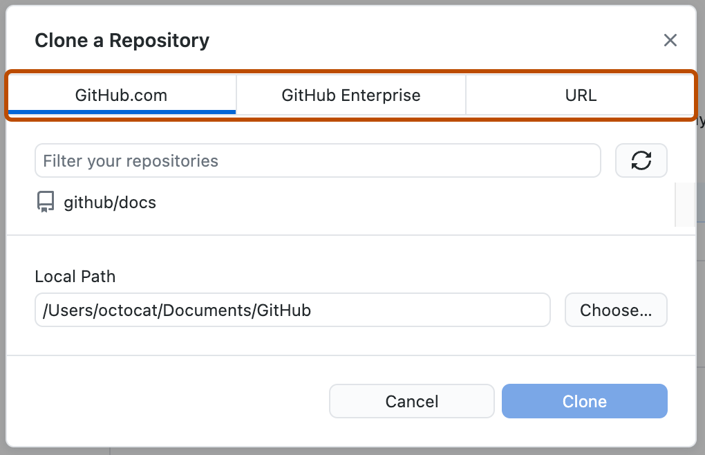 “克隆存储库”窗口的屏幕截图。 在窗口顶部，以橙色框出了“GitHub.com”、“GitHub Enterprise”和“URL”选项卡。