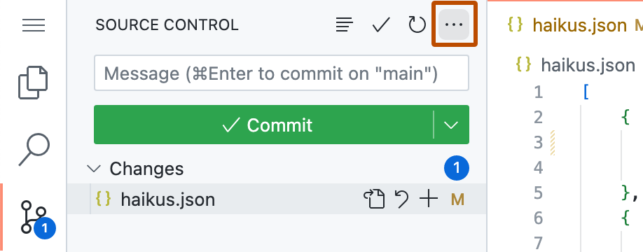 [ソース管理] サイド バーのスクリーンショット。 省略記号ボタン (3 つのドット) が濃いオレンジ色の枠線で強調表示されています。