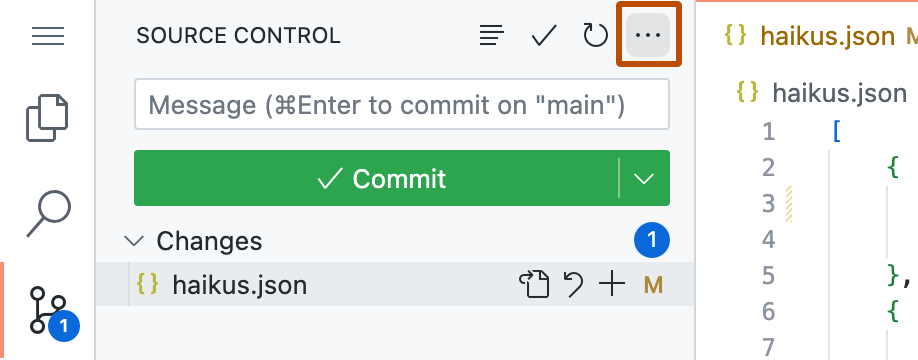 Captura de tela da barra lateral "Controle do código-fonte". O botão de reticências (três pontos) é realçado com um contorno laranja escuro.