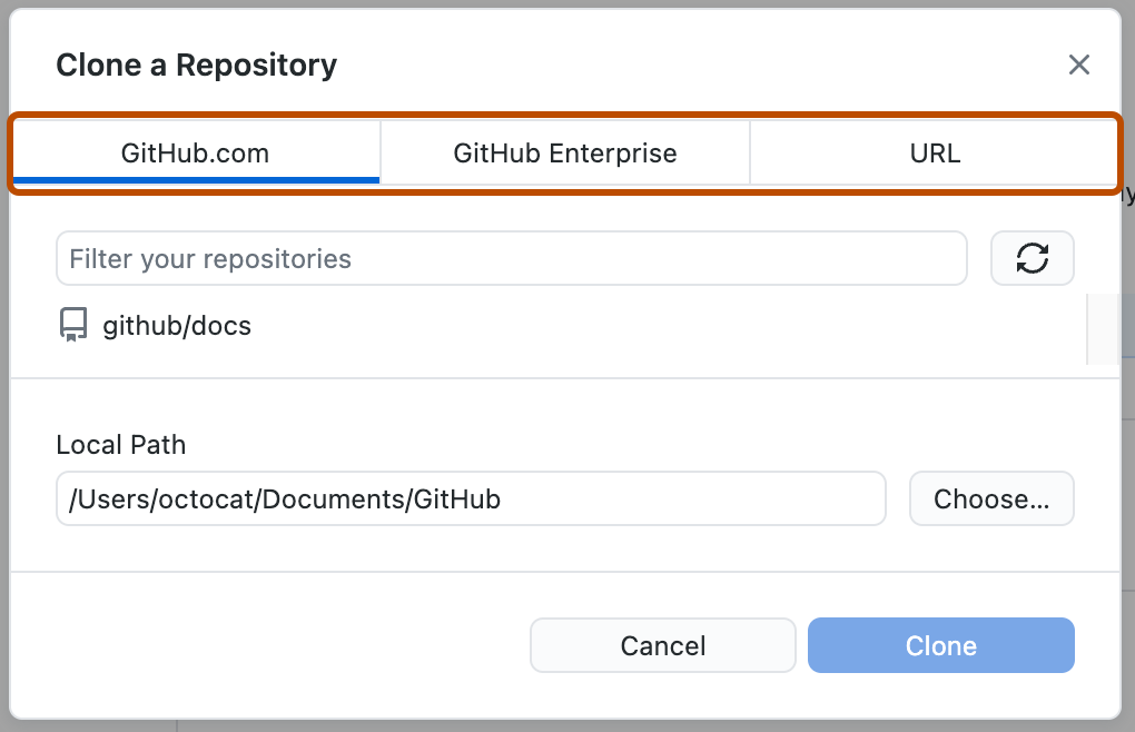 Screenshot des Fensters „Repository klonen“. Oben im Fenster werden Registerkarten mit der Bezeichnung „GitHub.com“, „GitHub Enterprise“ und „URL“ durch einen orangefarbenen Rahmen hervorgehoben.
